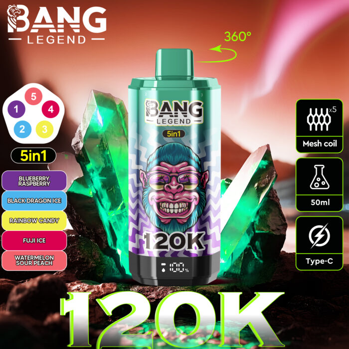 Bang 120000 Puffs 5 in 1 Vape-blueberry raspberry-black dragon ice-rainbow candy-fuji ice-watermelon sour peach-disposable vape